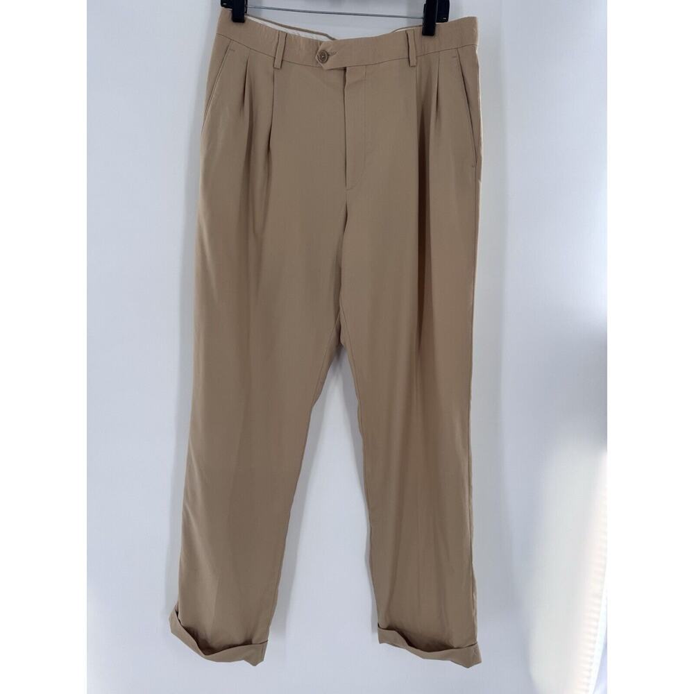Paul Fredrick Mens Dress Pants Trousers Sz 34 R 100% Wool Beige Italy Cuffed